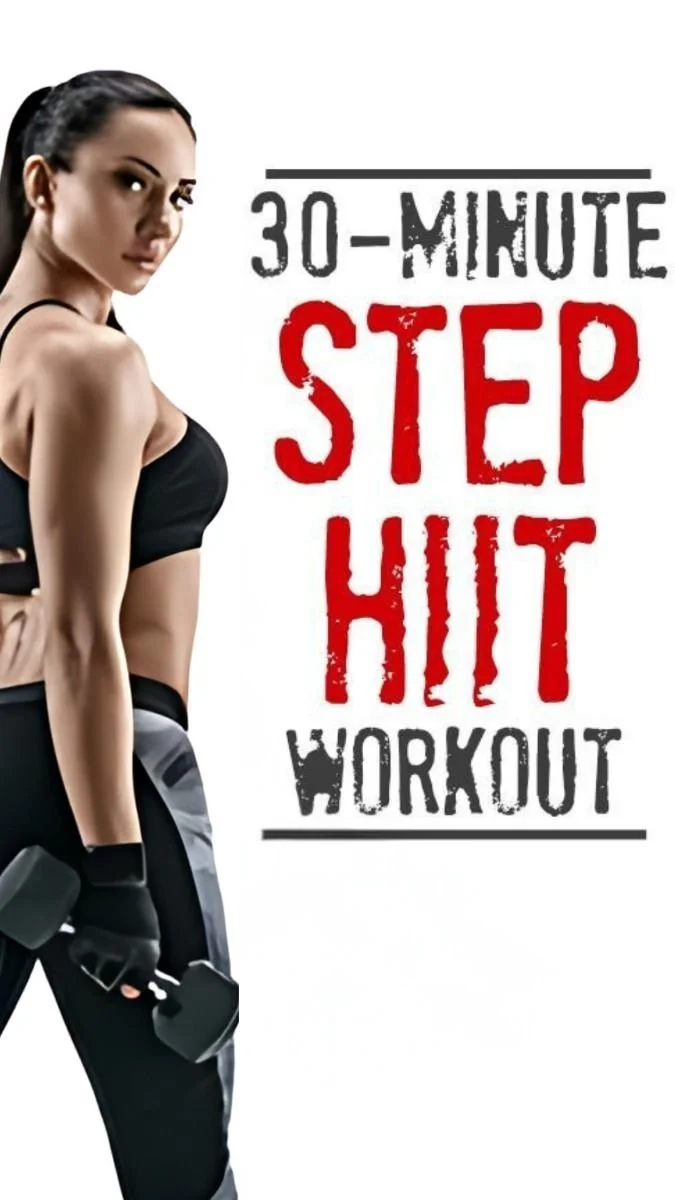 30-minute step HIIT workout for high-intensity cardio and strength training.