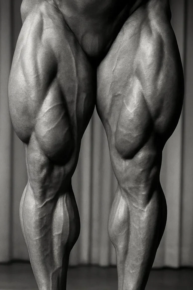 Arnold Schwarzenegger demonstrating leg extension for quad growth enhancement.