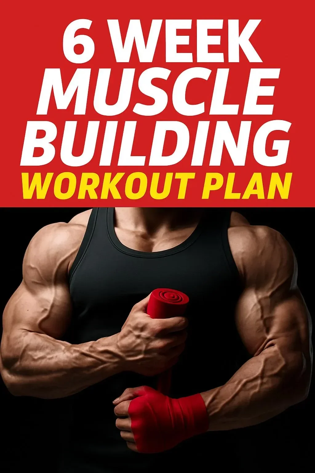 Illustration of a muscle building plan with weights and nutrition guide